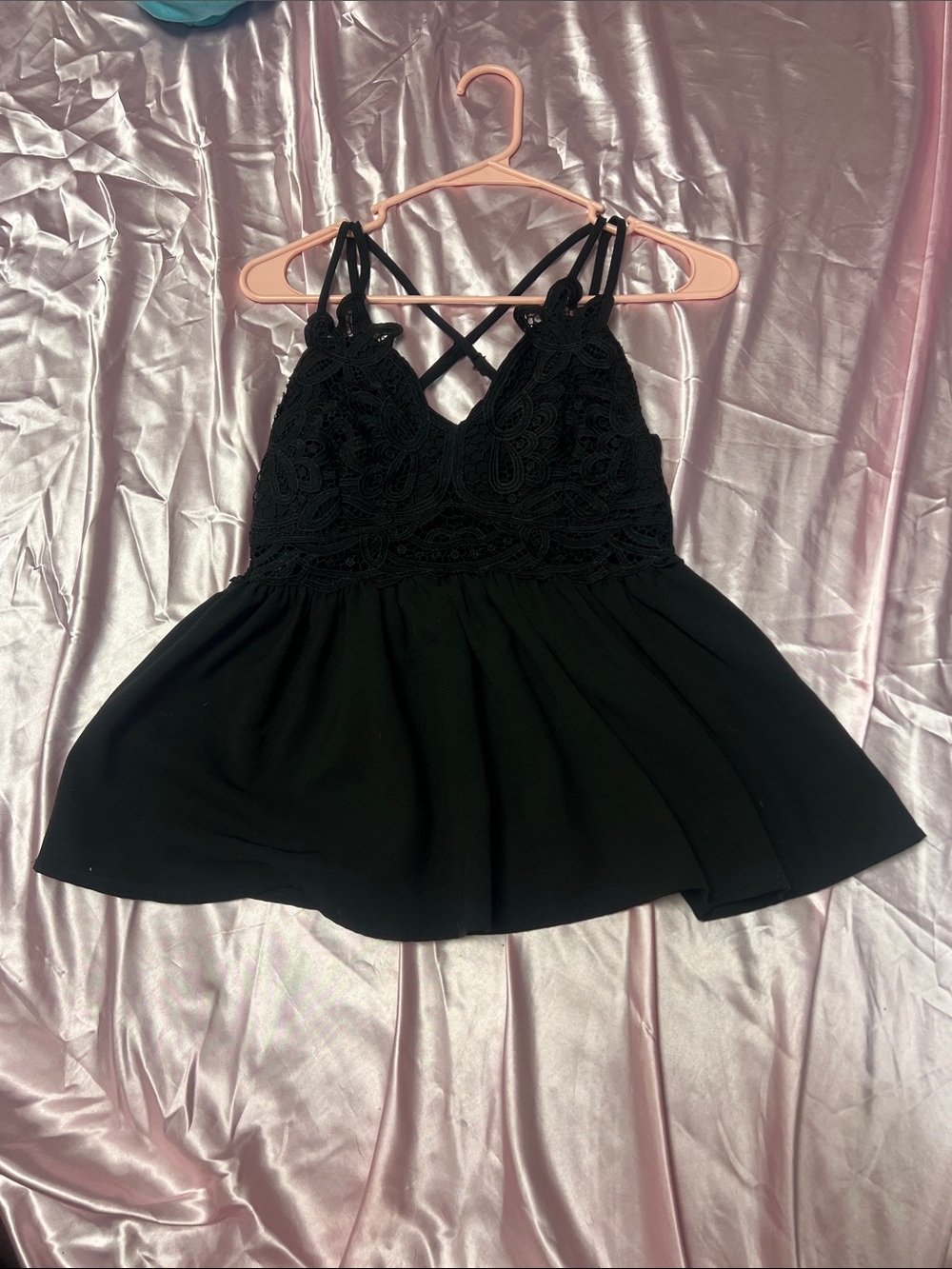 Lace Bodice Black Peplum Spaghetti Strap Blouse